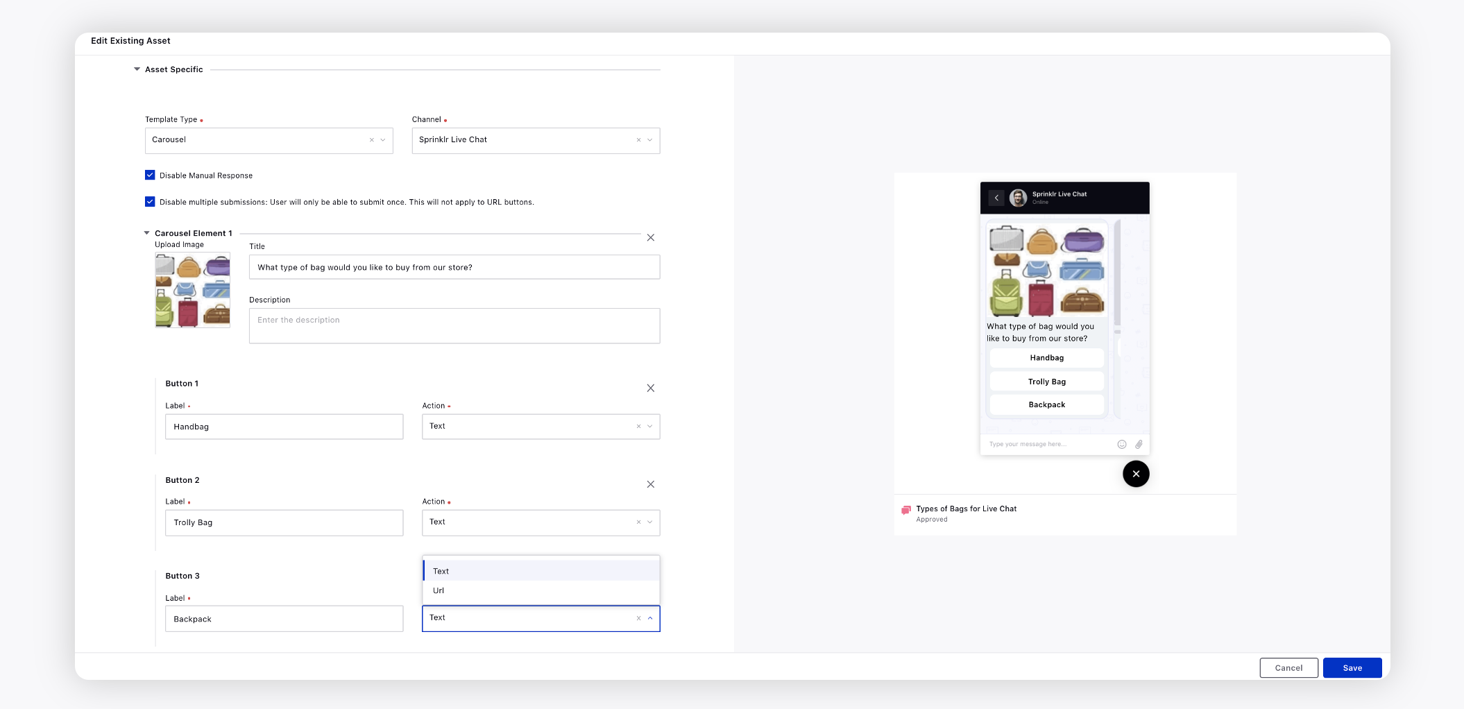 Carousel Template for Sprinklr Live Chat