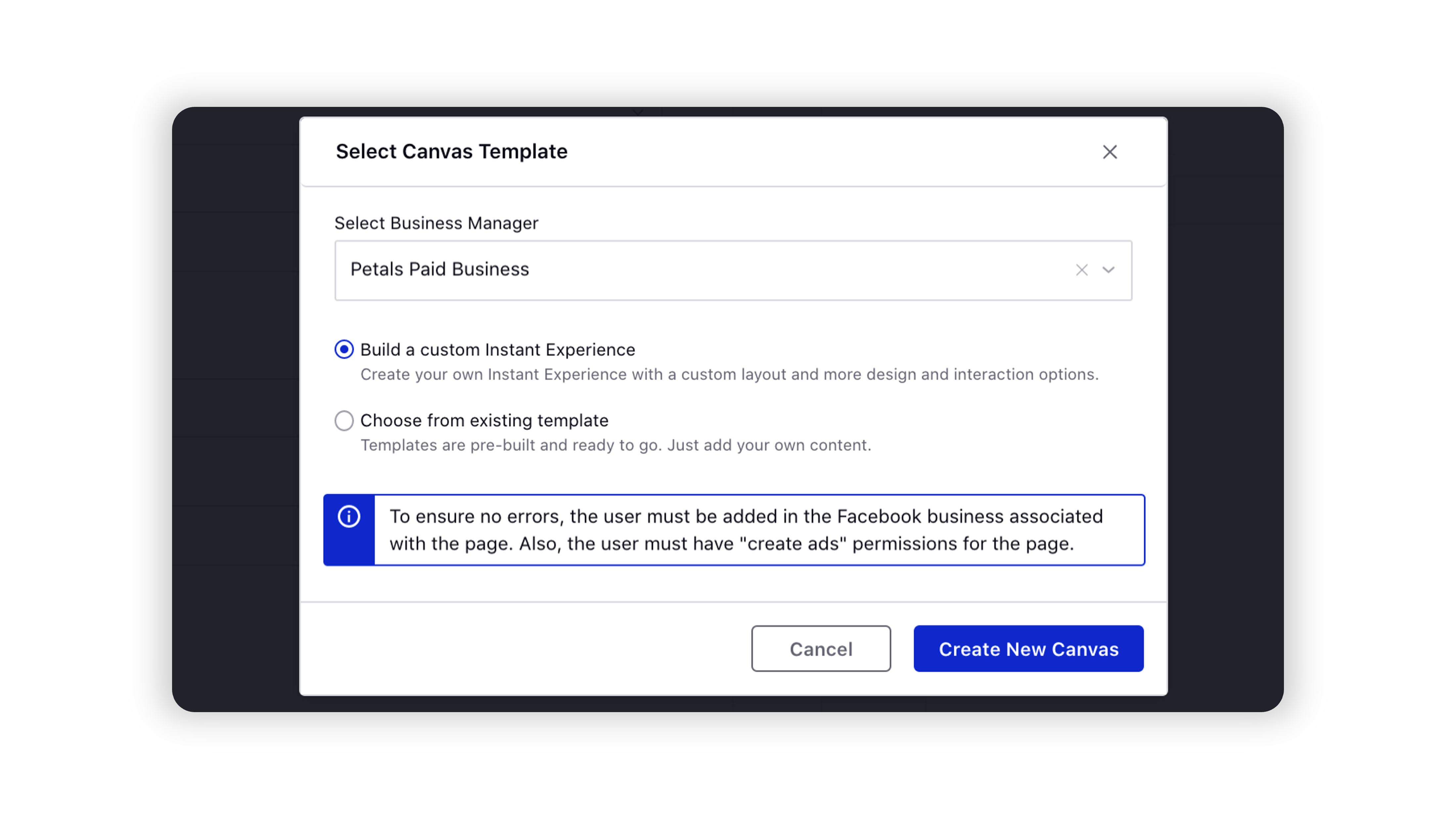 Add New Canvas for Facebook Ad Creative in Ads Composer