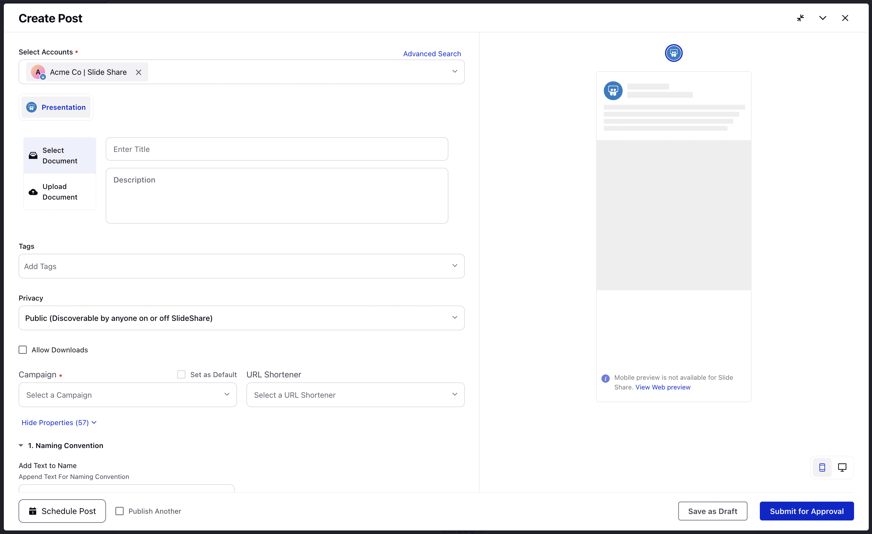 Adding a presentation to publish to SlideShare from Sprinklr Quick Publisher