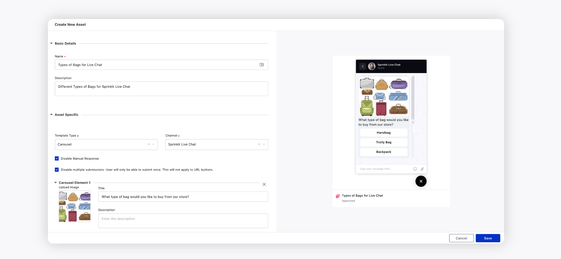 Carousel Template for Sprinklr Live Chat