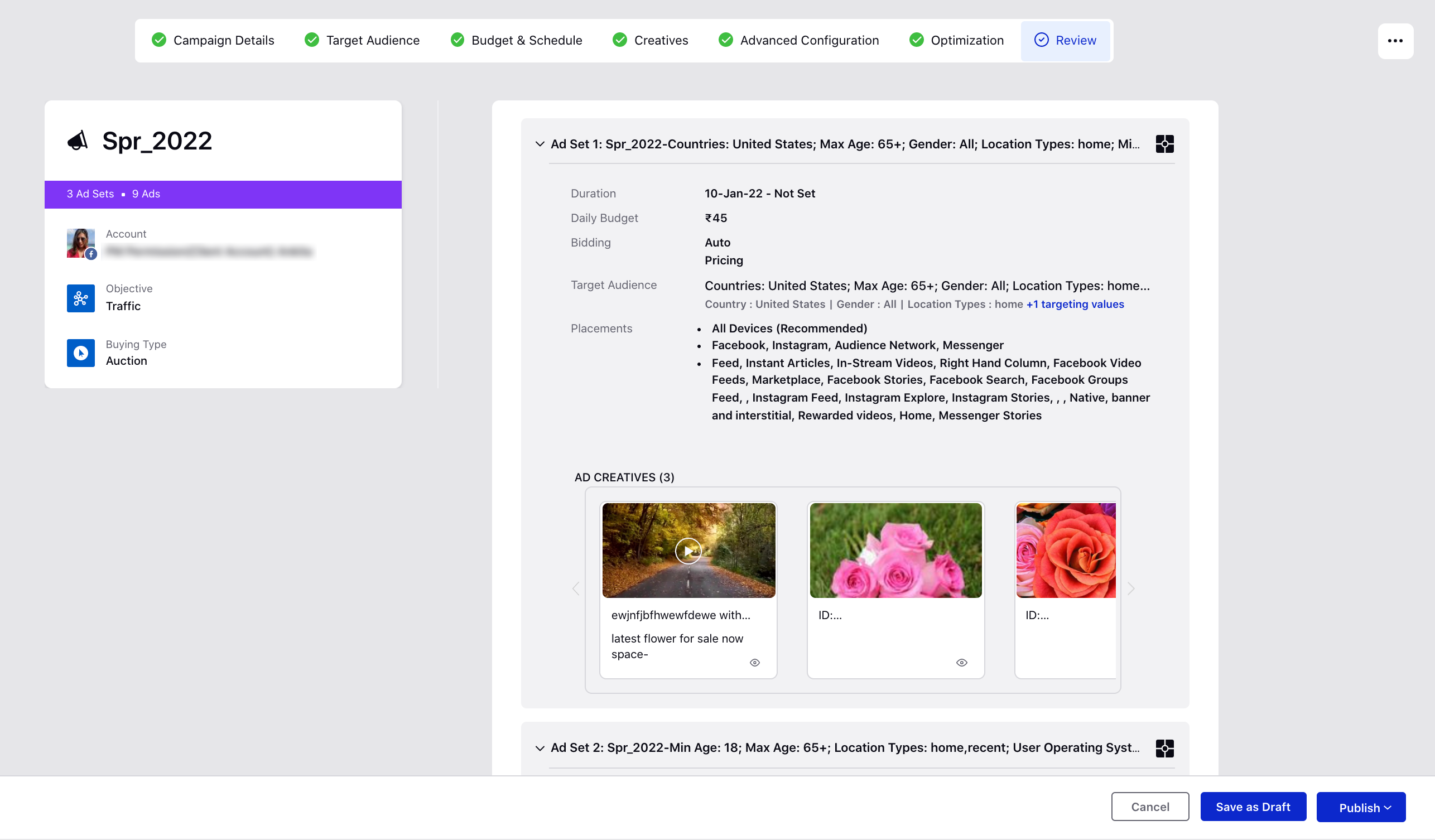Review screen to review your campaign, ad sets, and ads