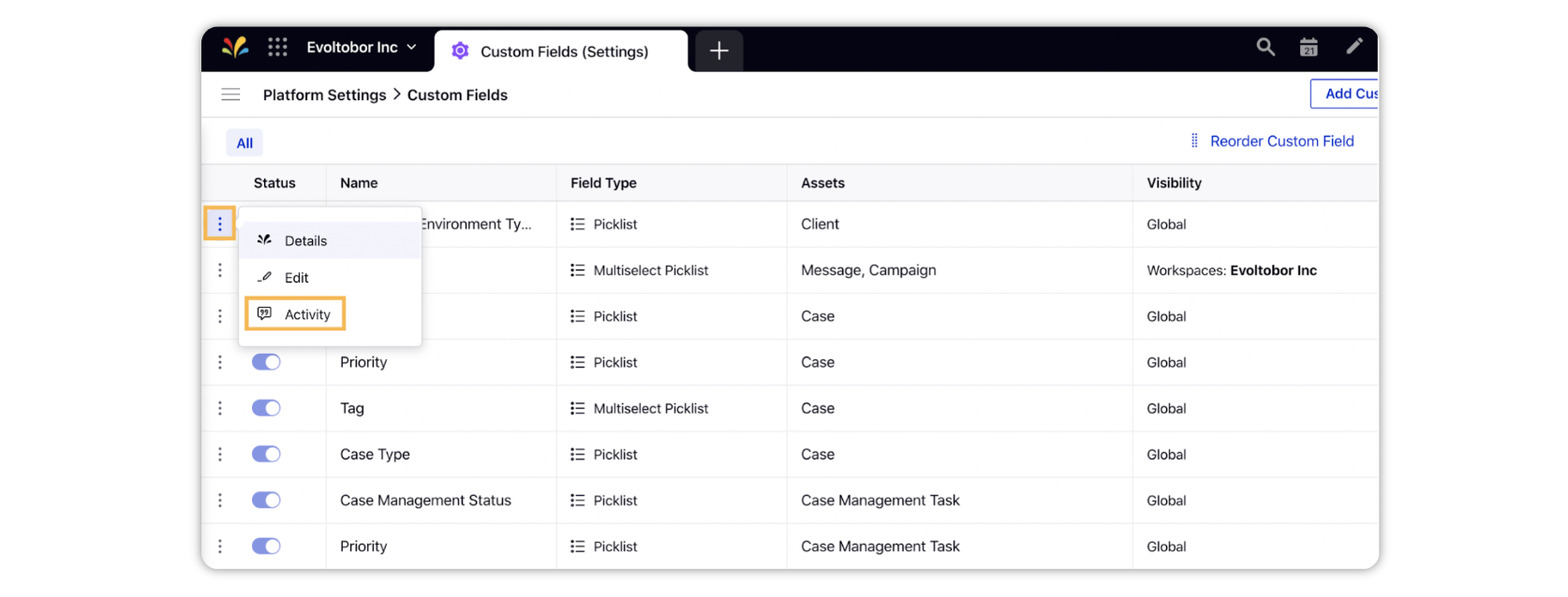 Selecting Activity by hovering over the desired custom field