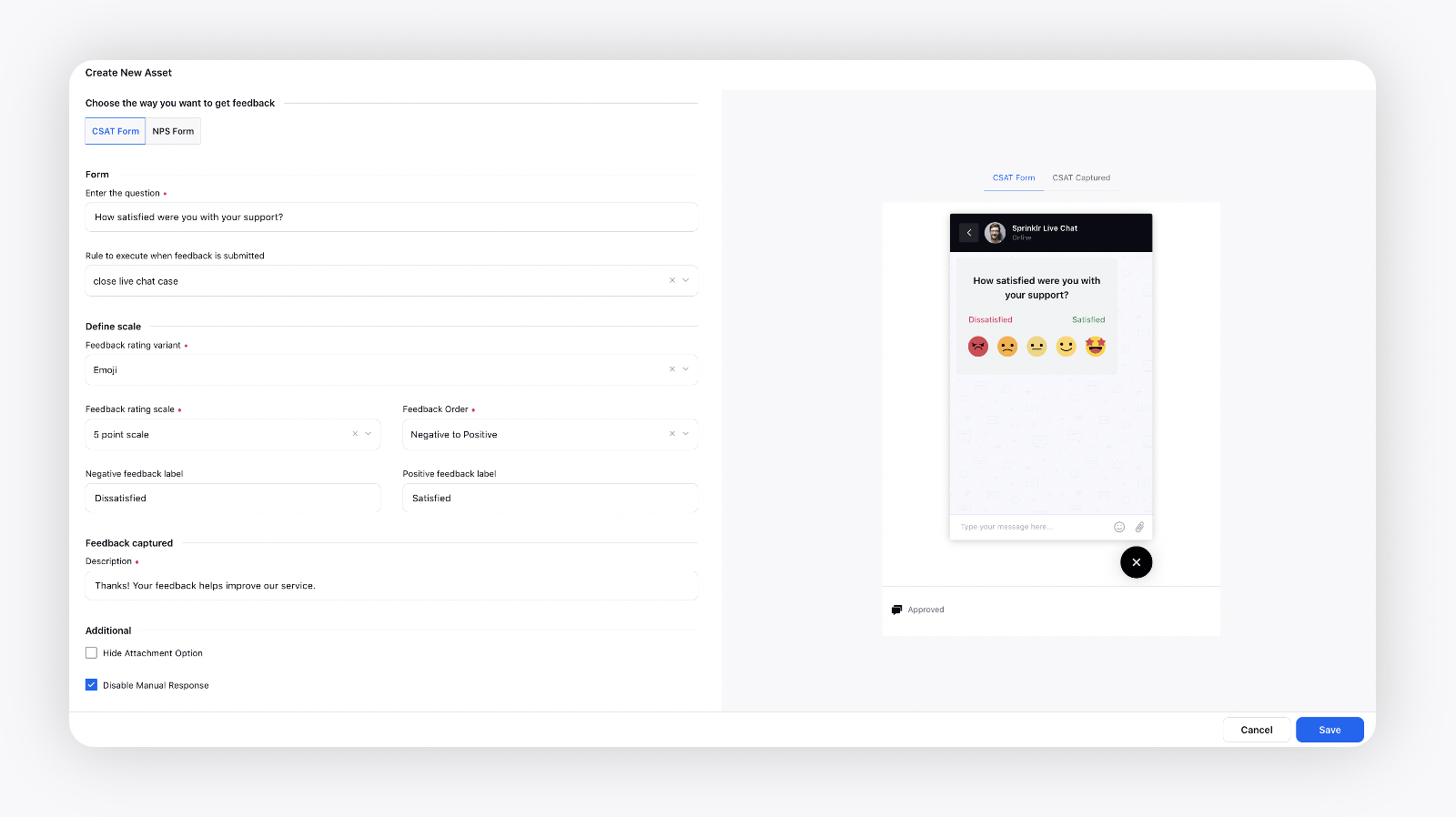 Adding CSAT card details for Live Chat in Asset Manager