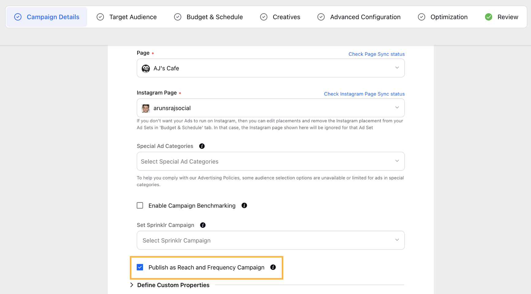 Checking the Box Alongside Publish as Reach and Frequency Campaign within Campaign Details in Ads Composer