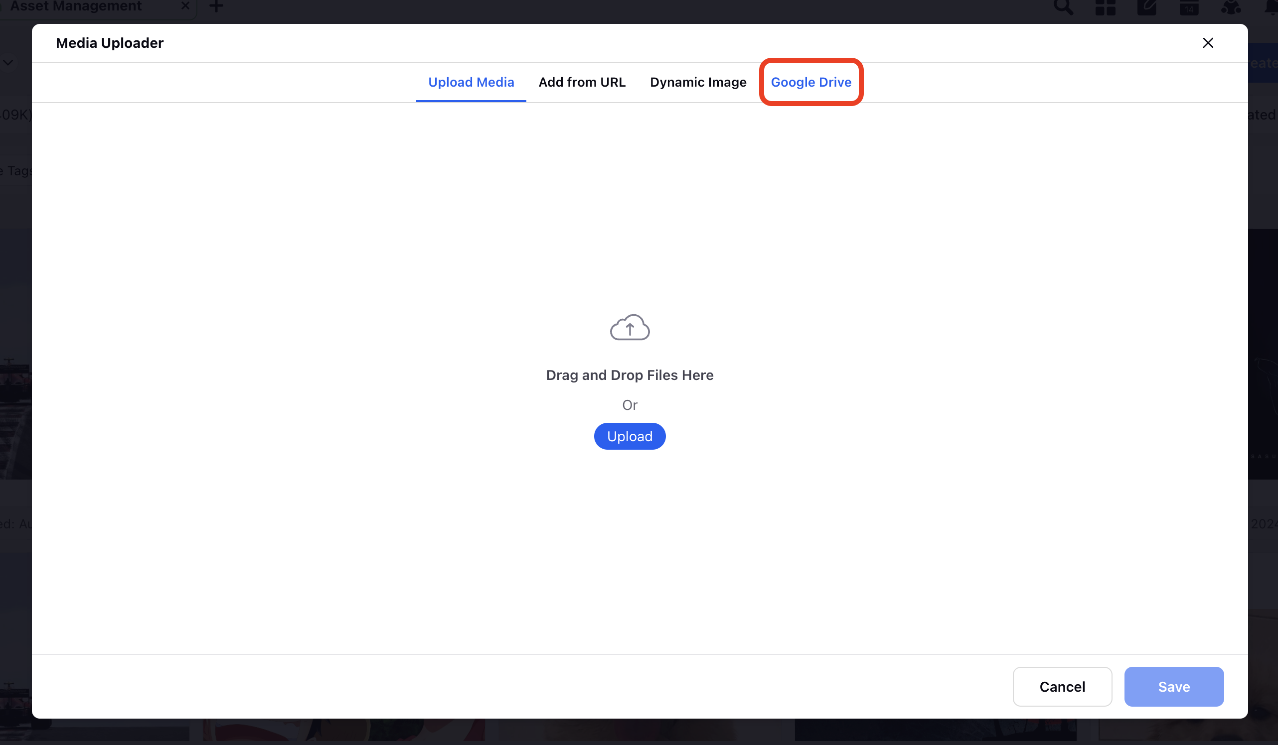 Media uploader module in Sprinklr DAM.