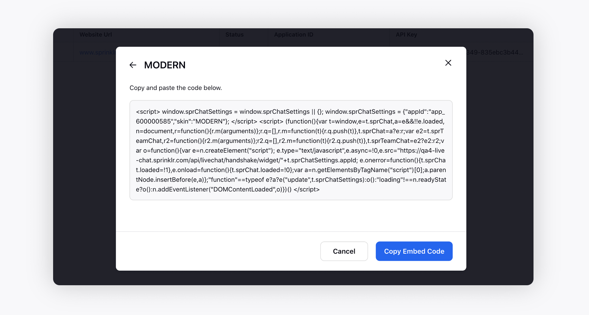 Copying Embed Code for Sprinklr Live Chat