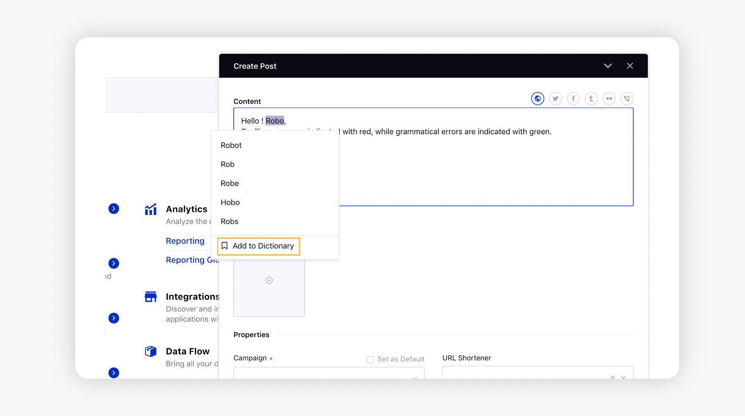 Showing how to add a word to dictionary on Sprinklr