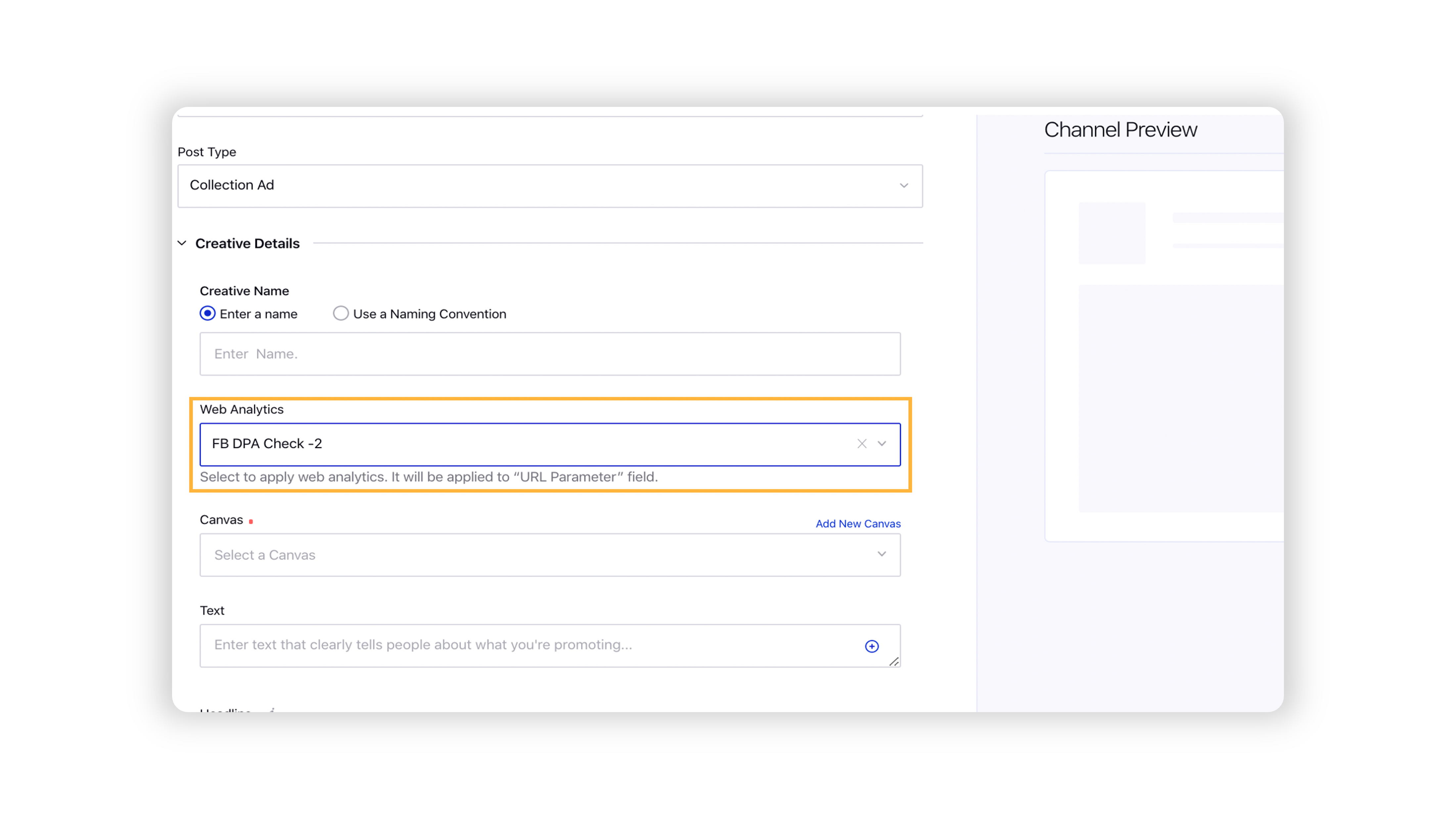 Apply web analytics to URL Parameters field for select objectives and ad format