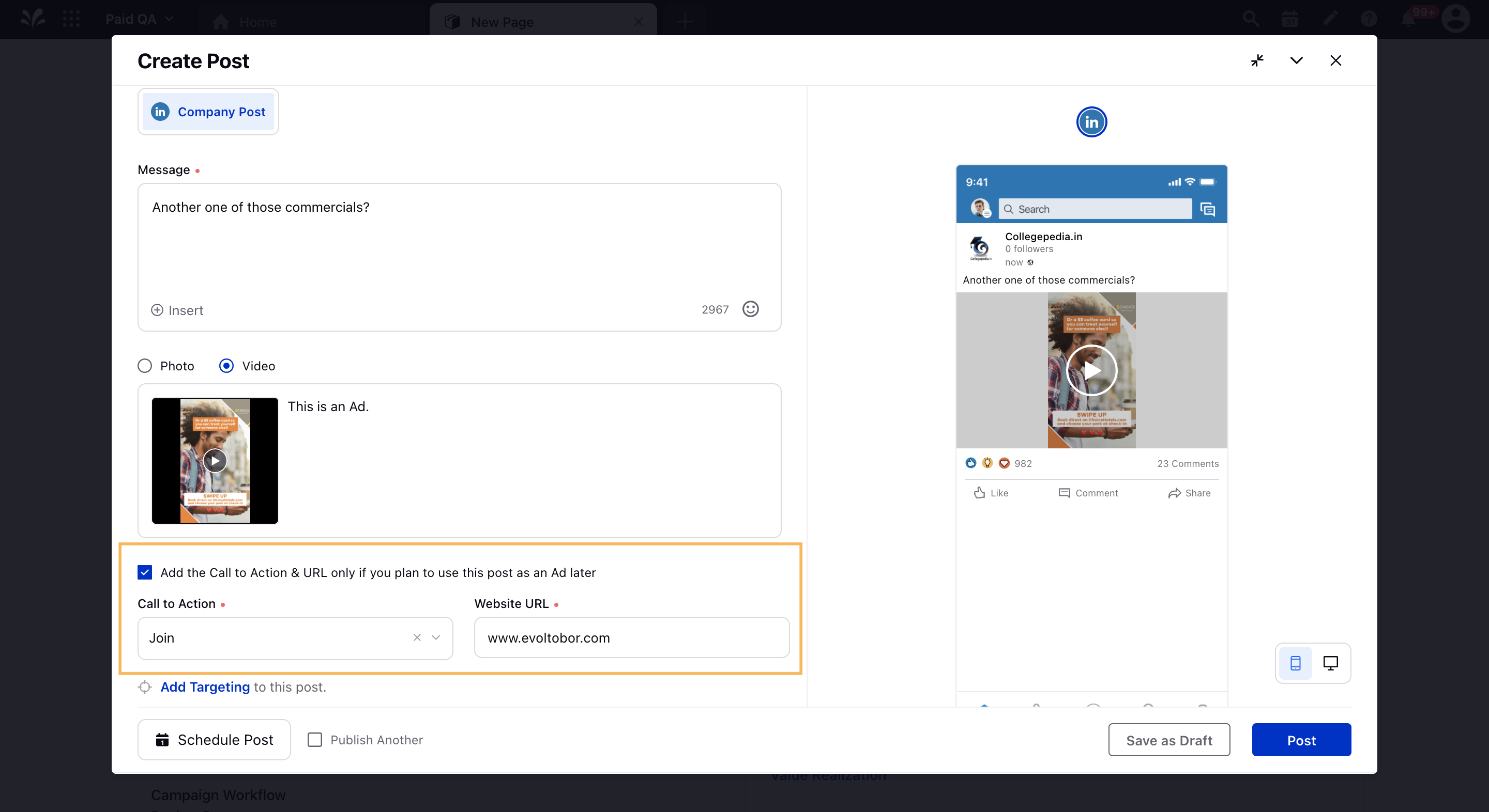 Use the LinkedIn Organic Video Post in an Ad later by providing CTA and Website URL