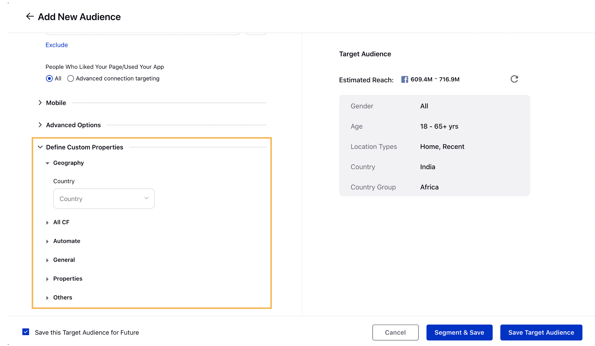 Define custom properties for your target audience