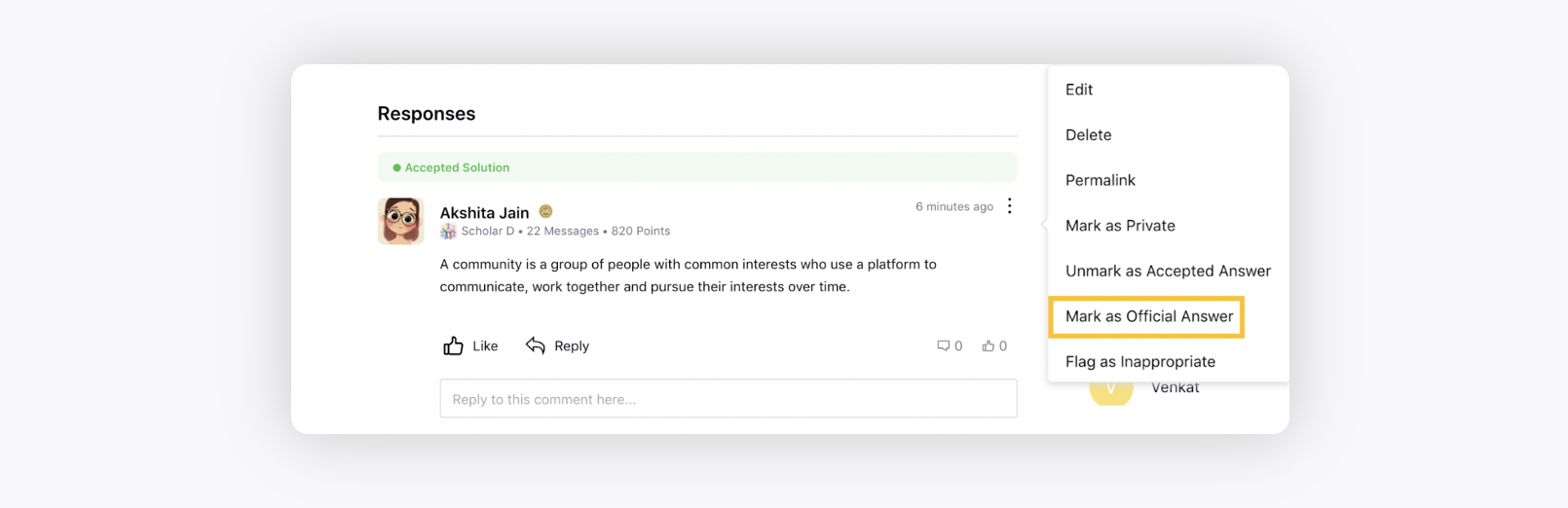 Marking a comment as official answer in community