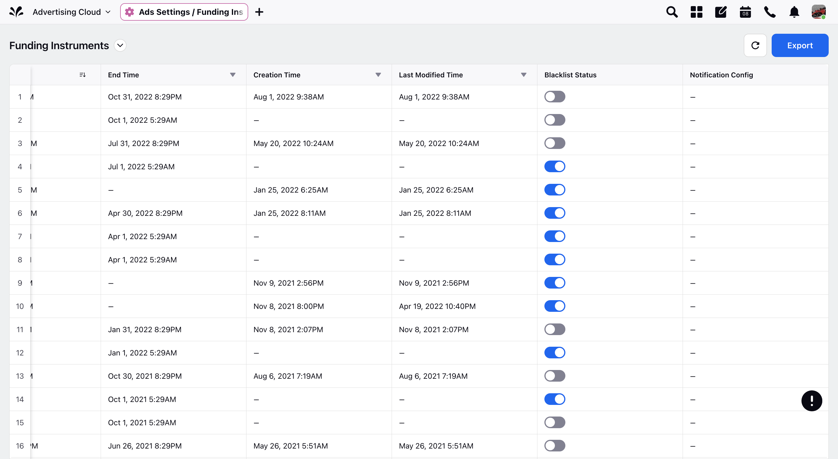 Blacklist Status for Funding Instrument