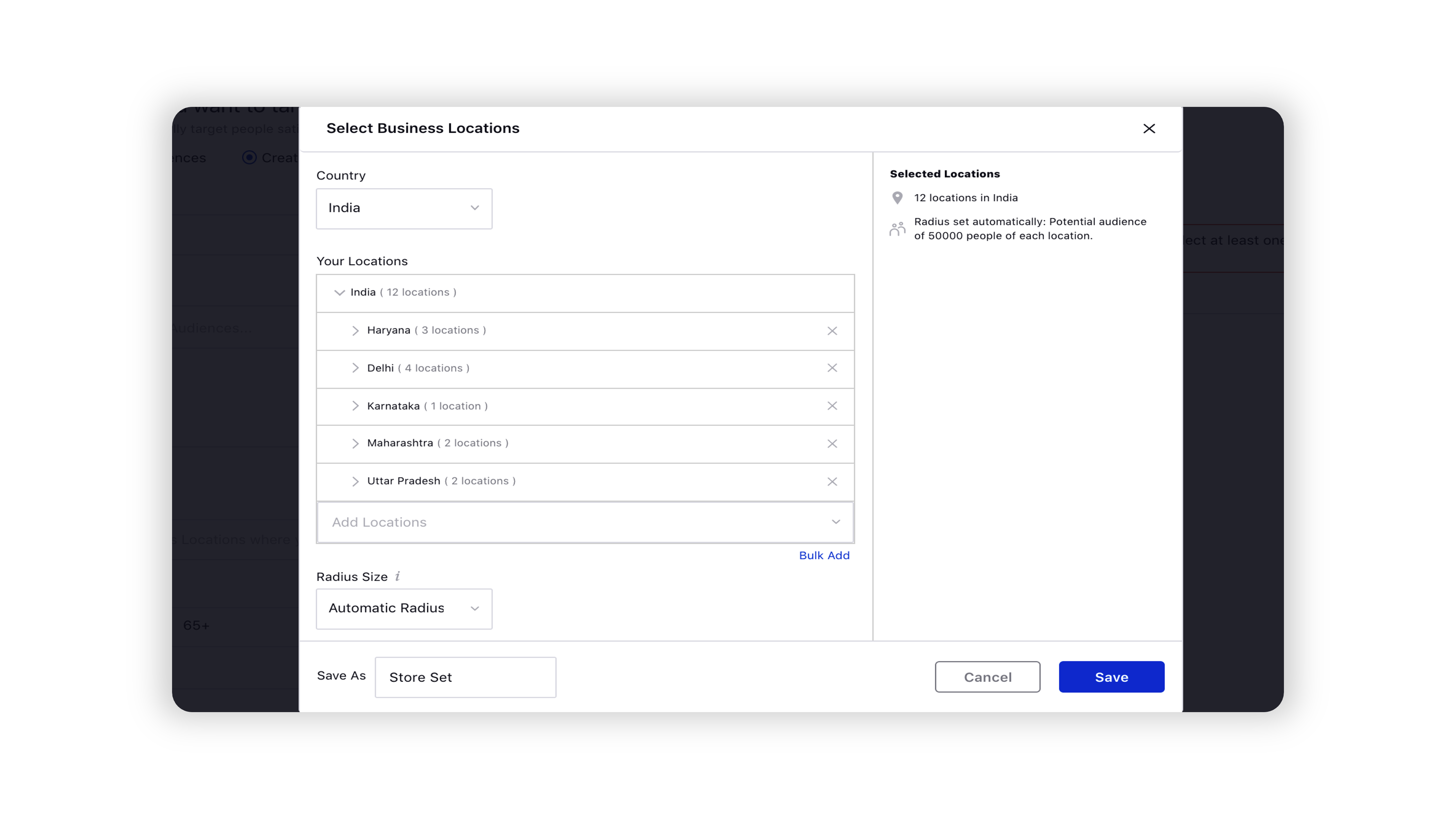 Selecting the source of business locations for Facebook Store Visit campaigns in Ads Composer