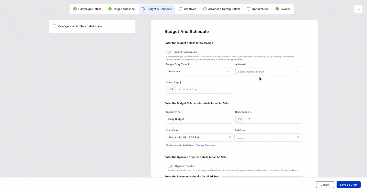 Configure Budget and Schedule for individual Ad Sets