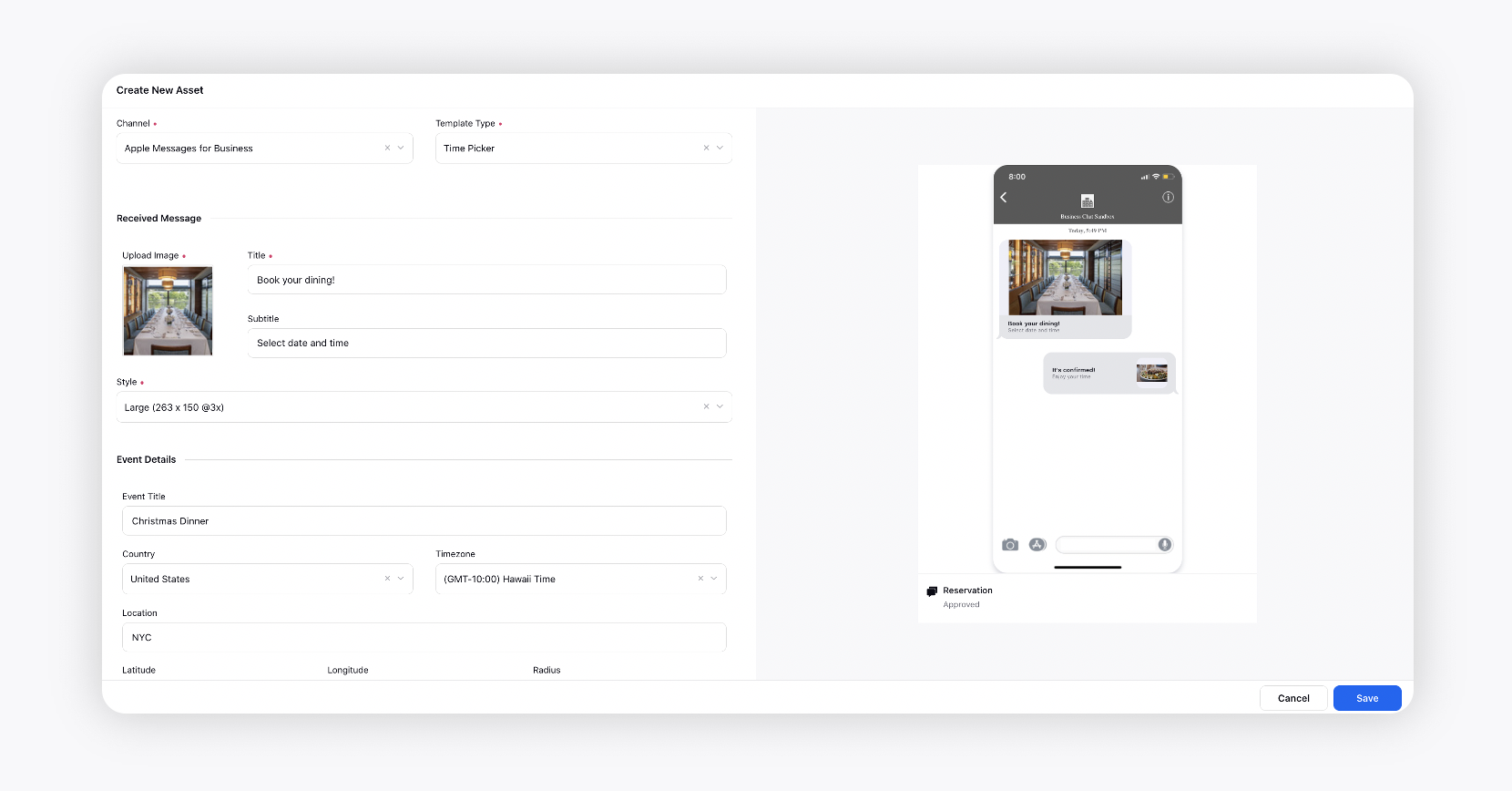 Creating Apple Business Chat Time Picker Template in Assets Manager