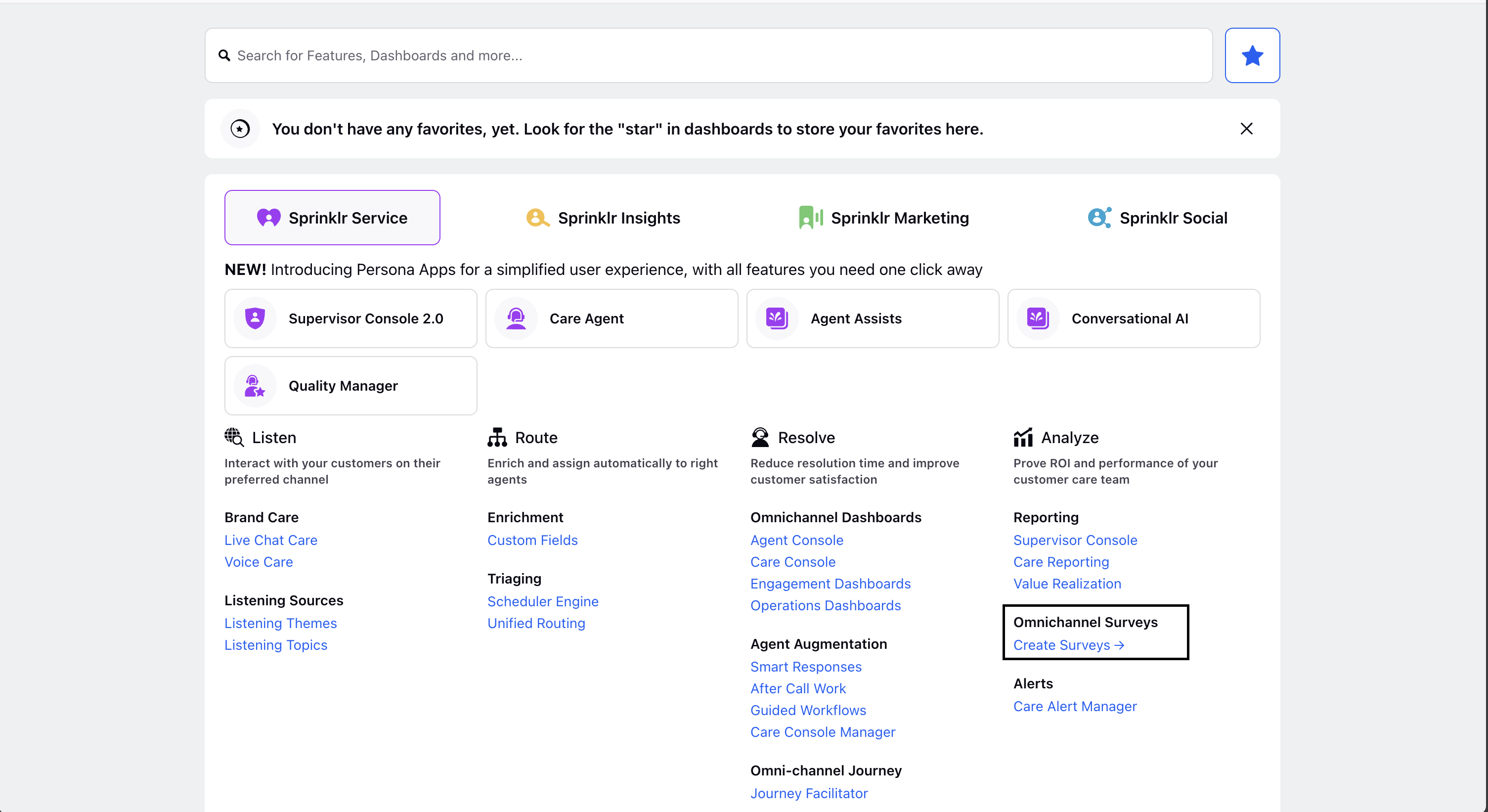 Image of Create surveys option under Sprinklr Service.