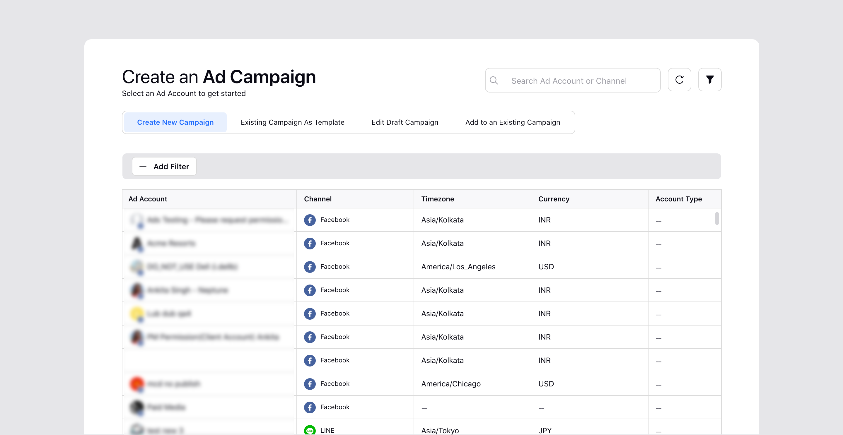 Selecting the Campaign Creation type and Ad Account in Ads Composer