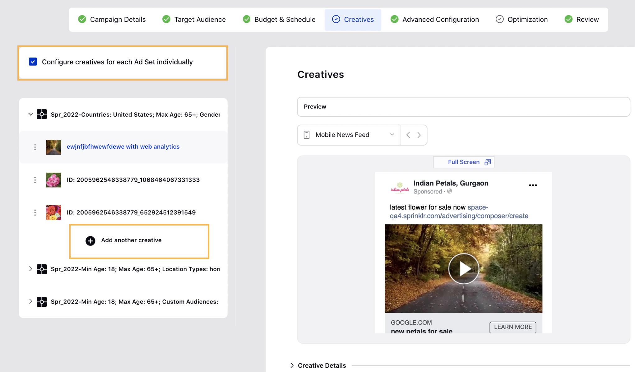 Configure creatives for each Ad Set individually