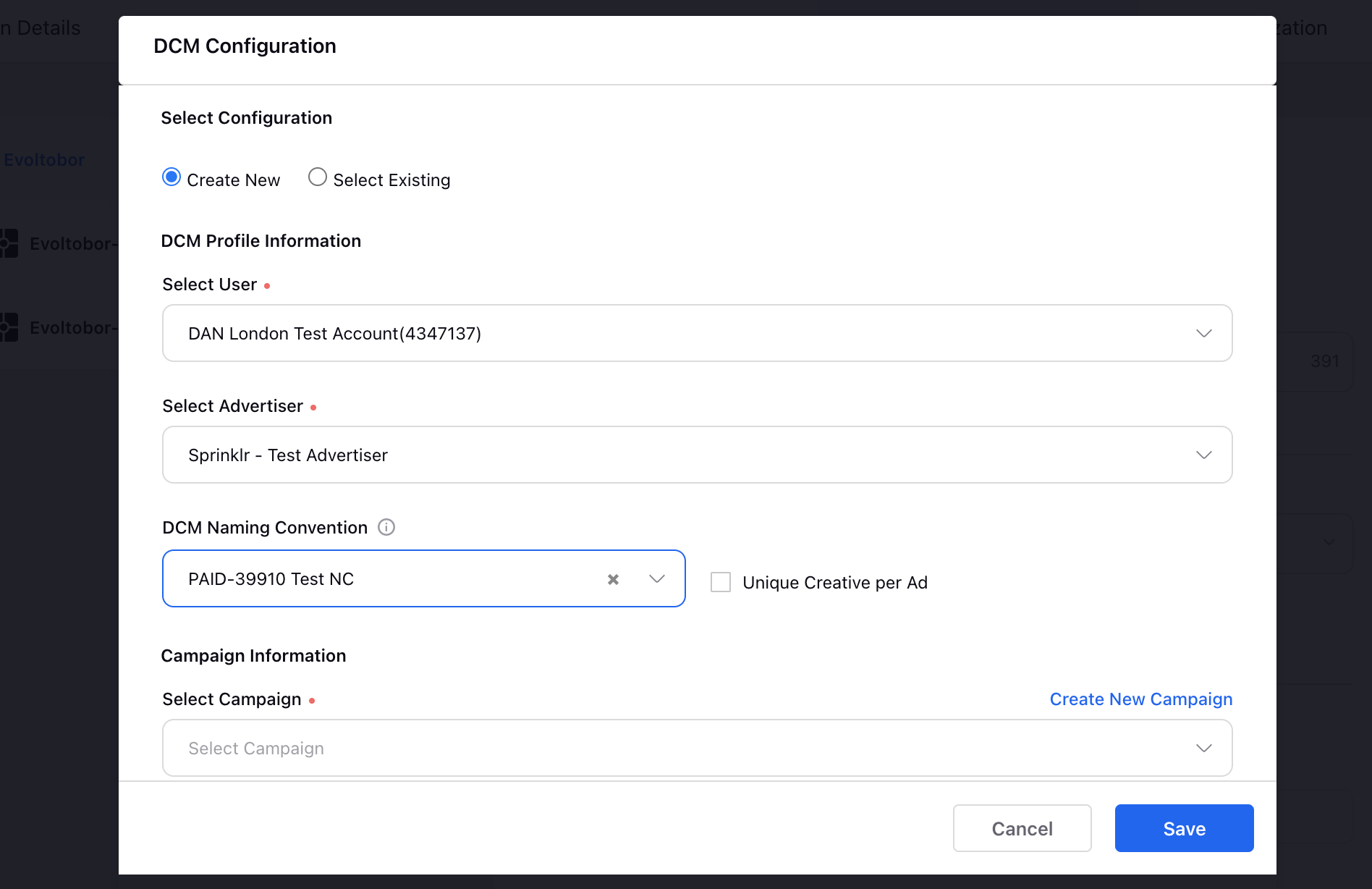 Configuring DCM by Providing the Required Information within the Ads Composer