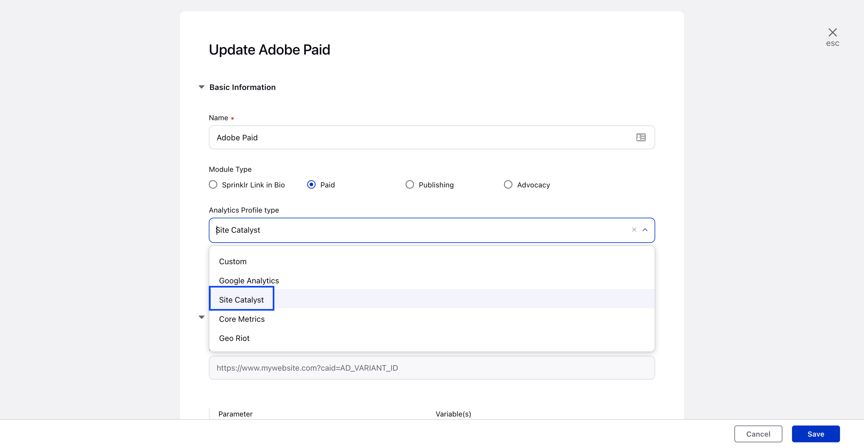 Selecting Google Analytics as the Profile Type while creating a new Web Analytics profile