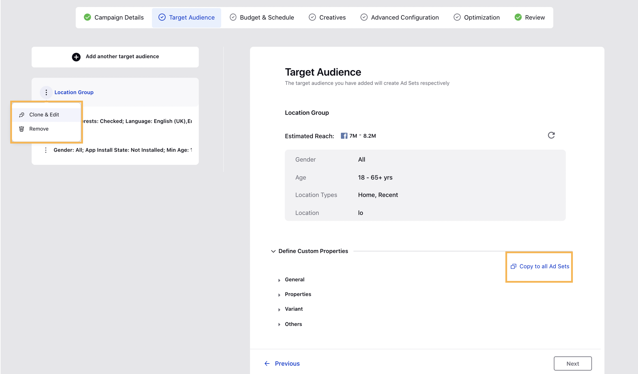 Reviewing the selected target audience in Ads Composer