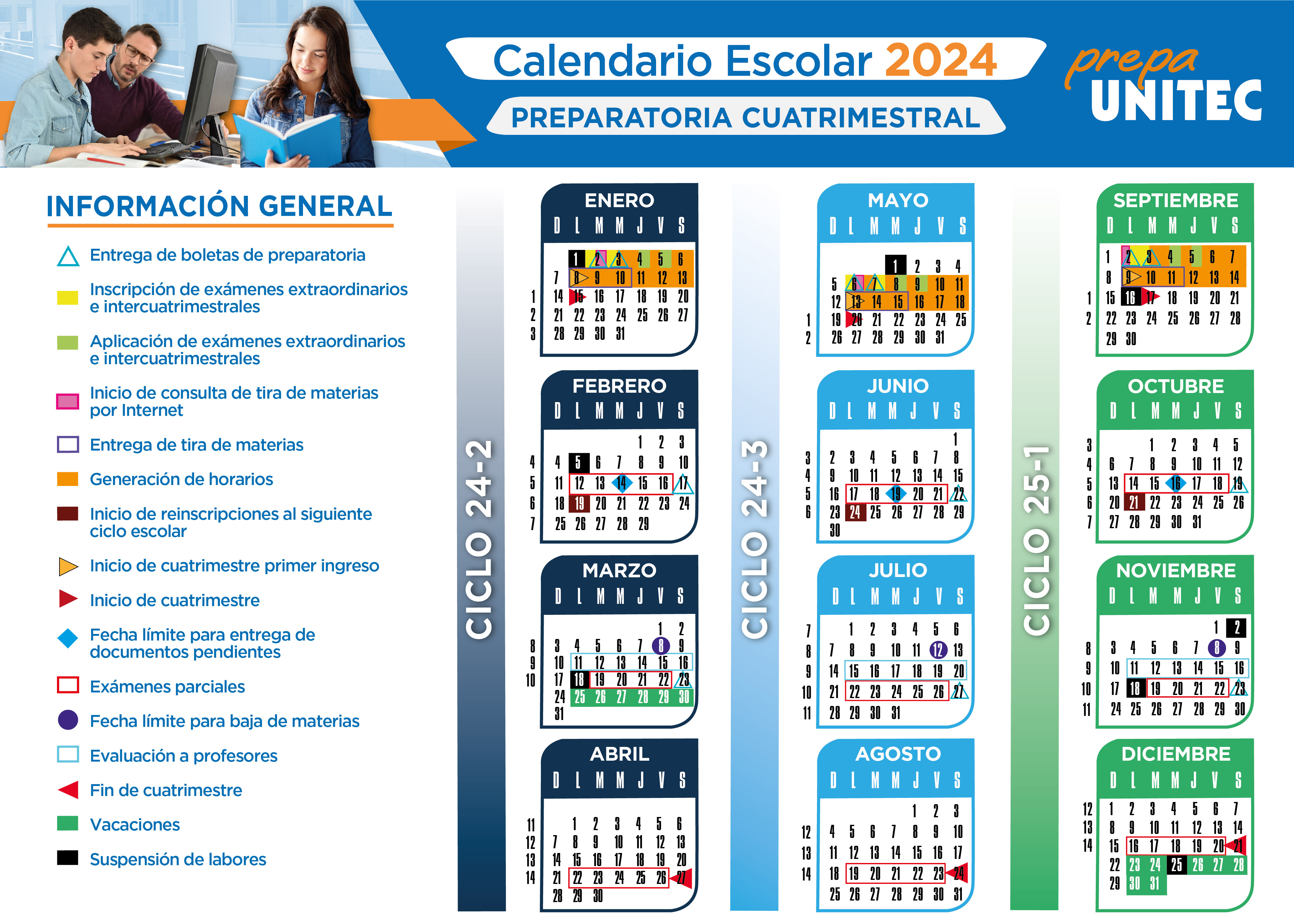 ‎Calendario Escolar 2024 Preparatoria Cuatrimestral Comunidad UNITEC